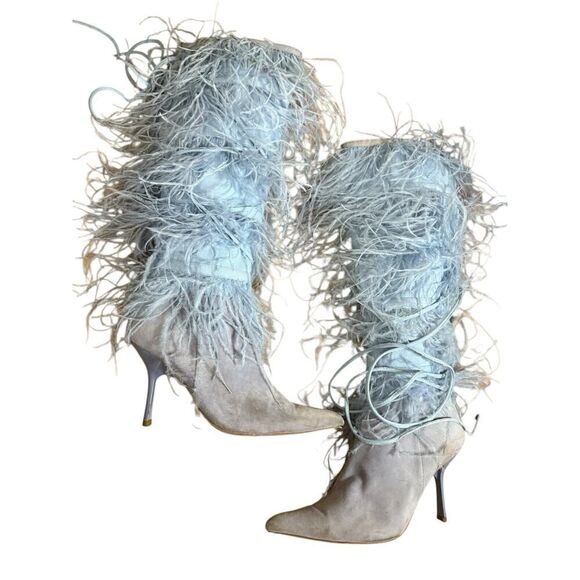 Jeffrey Campbell Shake Ya Boot Baby Blue Feather Leather Boots 7.5 - Picture 6 of 16